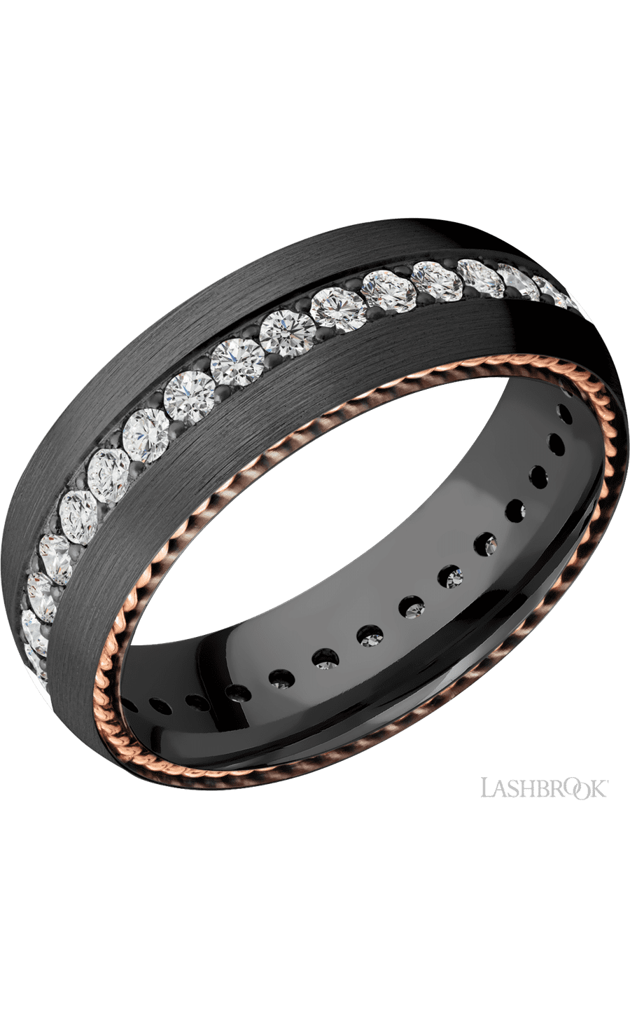 7 mm wide/Domed/Zirconium band with  two 1 mm Sidebraid inlays of 14K Rose Gold and featuring an Eternity arrangement of .03 carat Round Lab Grown Diamond stones in a Bead setting
