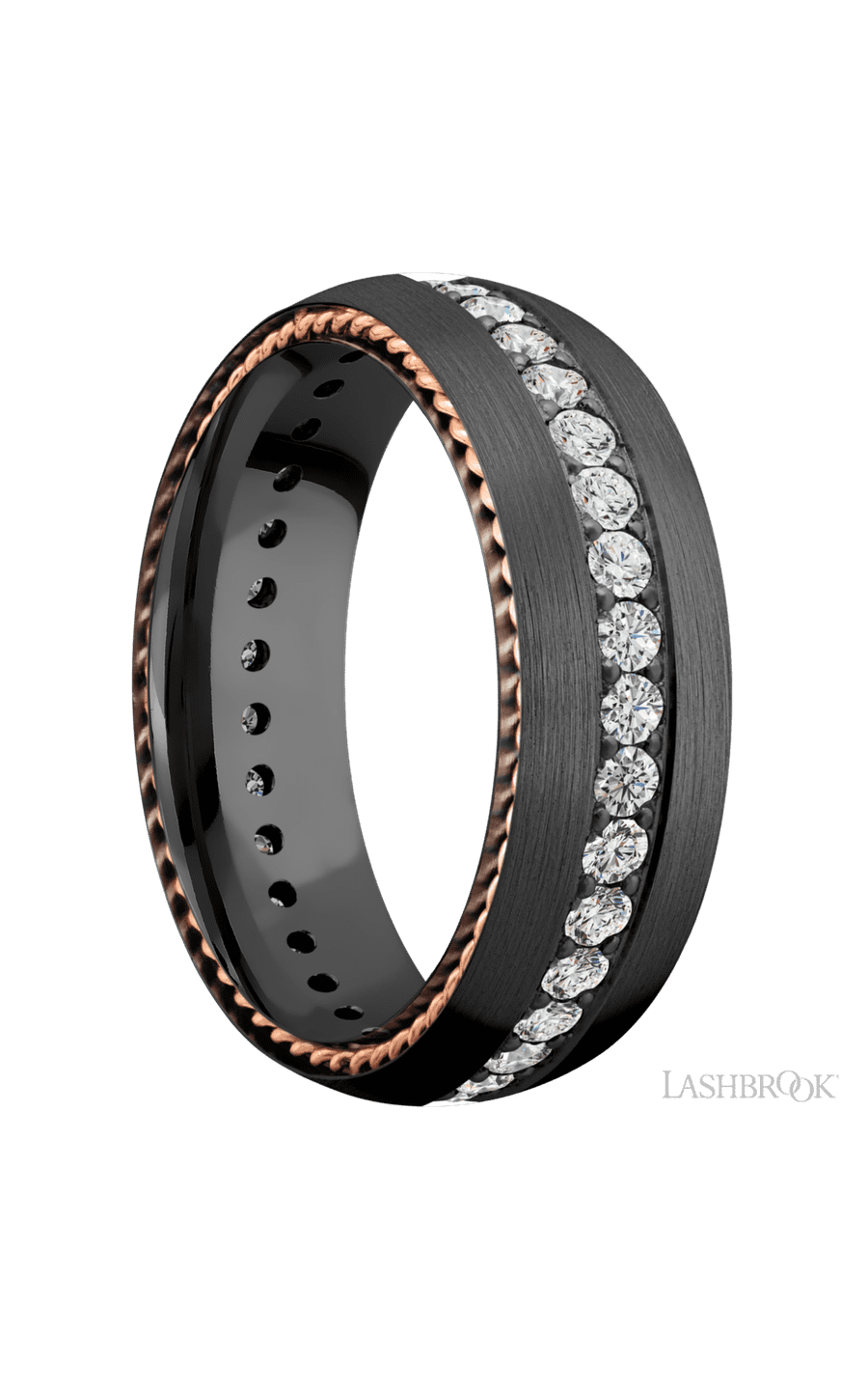 7 mm wide/Domed/Zirconium band with  two 1 mm Sidebraid inlays of 14K Rose Gold and featuring an Eternity arrangement of .03 carat Round Lab Grown Diamond stones in a Bead setting