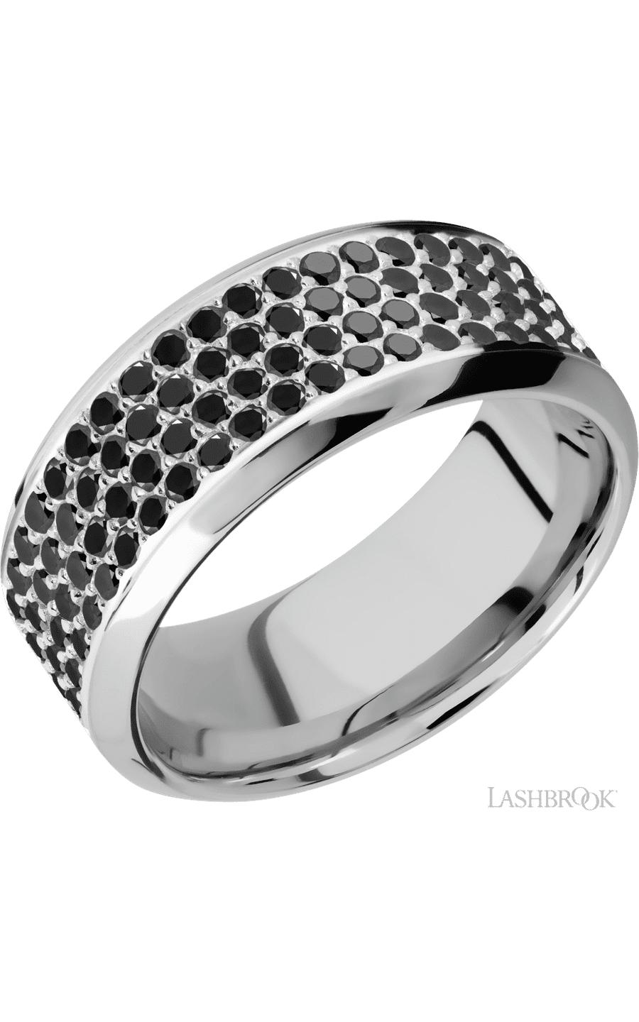 9 mm wide/High Bevel/14K White Gold band with a 4 Row Half Eternity arrangement of .015 carat Round Black Diamond stones in a Bead Channel setting.