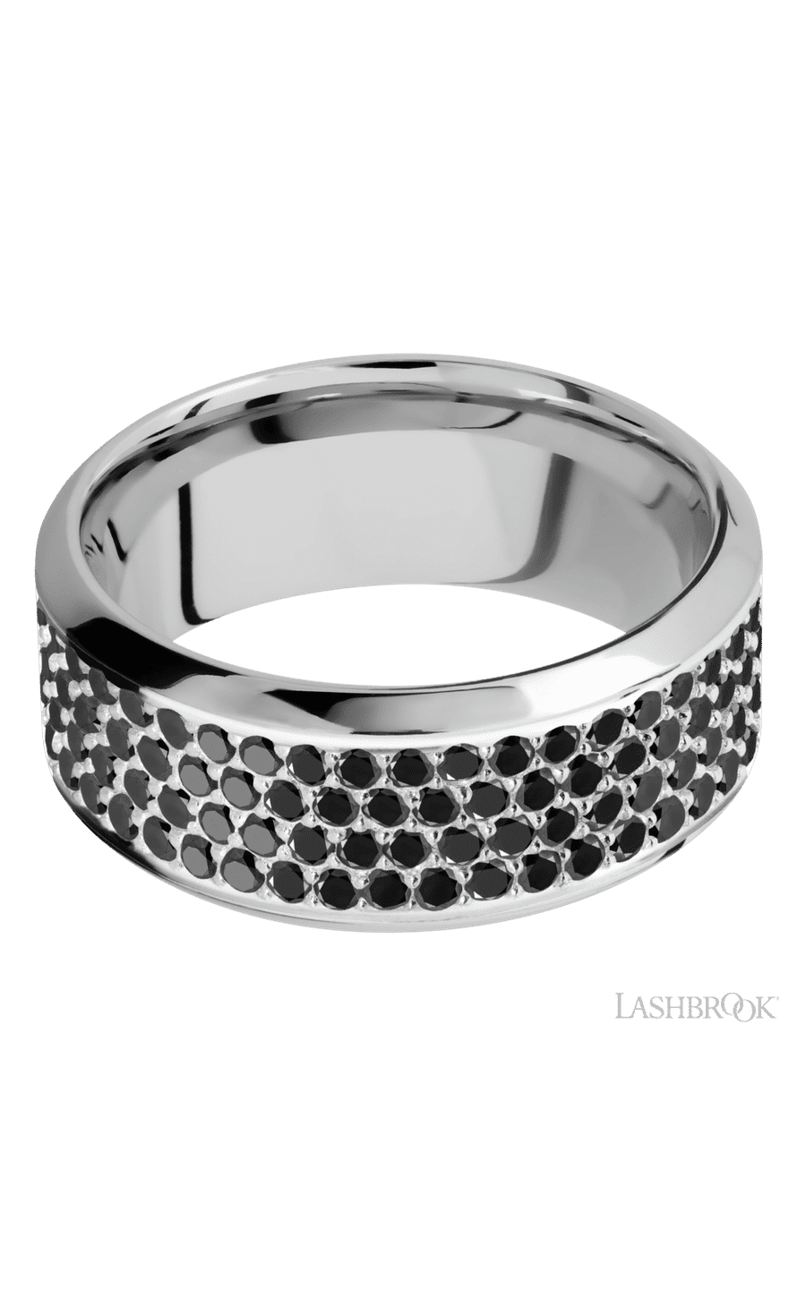 9 mm wide/High Bevel/14K White Gold band with a 4 Row Half Eternity arrangement of .015 carat Round Black Diamond stones in a Bead Channel setting.