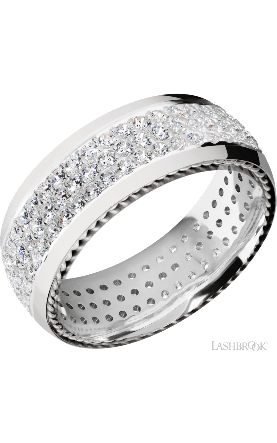 8 mm wide/Domed/14K White Gold band with  two 1 mm Sidebraid inlays of 14K White Gold and featuring a 3 Row Eternity arrangement of .015 carat Round Diamond stones in a Bead Channel setting