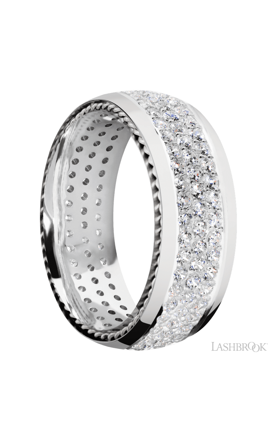 8 mm wide/Domed/14K White Gold band with  two 1 mm Sidebraid inlays of 14K White Gold and featuring a 3 Row Eternity arrangement of .015 carat Round Diamond stones in a Bead Channel setting