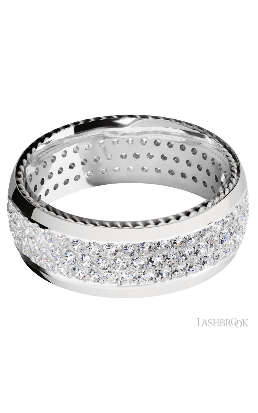 8 mm wide/Domed/14K White Gold band with  two 1 mm Sidebraid inlays of 14K White Gold and featuring a 3 Row Eternity arrangement of .015 carat Round Diamond stones in a Bead Channel setting