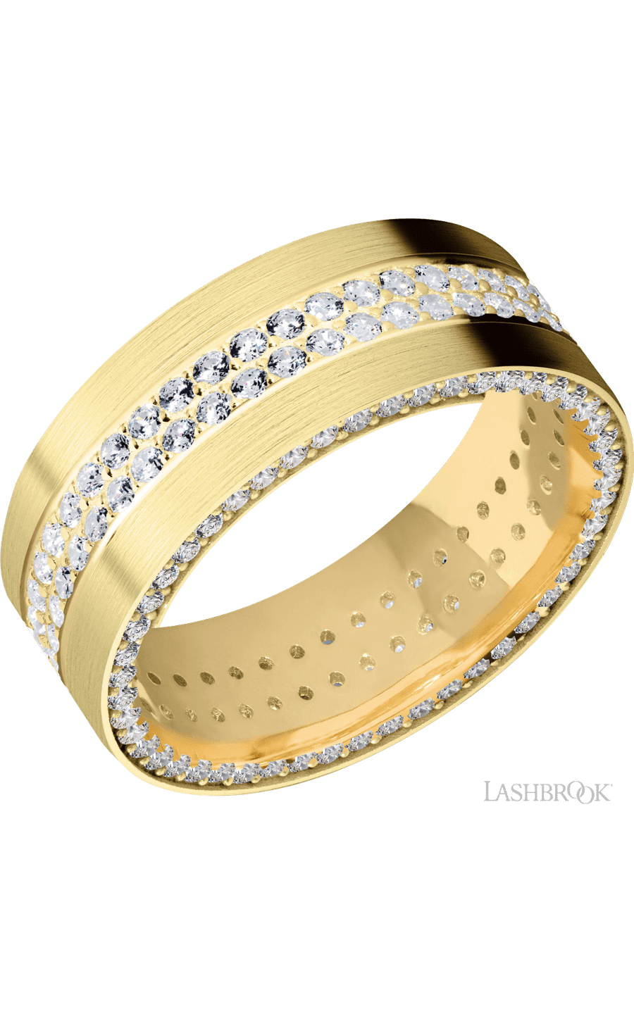 8 mm wide/Flat/14K Yellow Gold band with a Side Eternity arrangement of .01 carat Round Diamond stones in a Bead Channel setting and featuring a a 2 Row Eternity arrangement of .015 carat Round Diamond stones in a Bead Channel setting