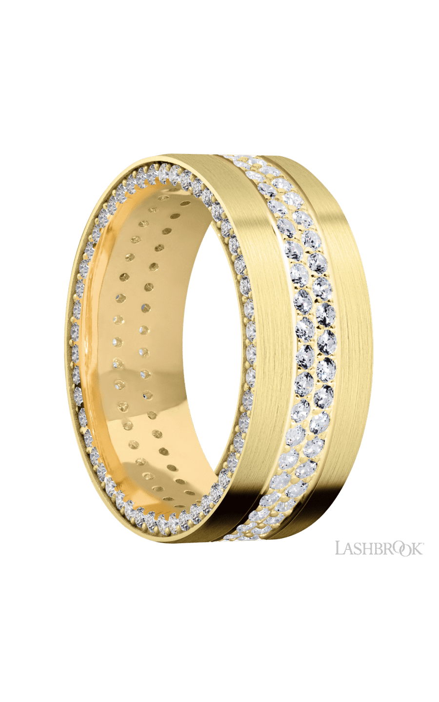 8 mm wide/Flat/14K Yellow Gold band with a Side Eternity arrangement of .01 carat Round Diamond stones in a Bead Channel setting and featuring a a 2 Row Eternity arrangement of .015 carat Round Diamond stones in a Bead Channel setting