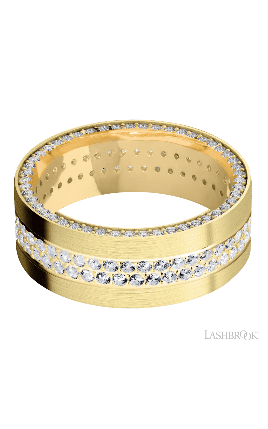 8 mm wide/Flat/14K Yellow Gold band with a Side Eternity arrangement of .01 carat Round Diamond stones in a Bead Channel setting and featuring a a 2 Row Eternity arrangement of .015 carat Round Diamond stones in a Bead Channel setting