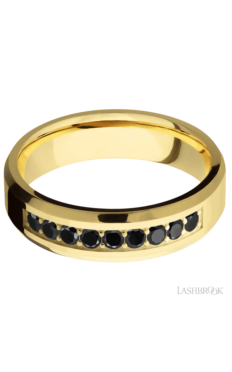 6 mm wide/Beveled/14K Yellow Gold band with an  arrangement of 9, .05 carat Round Black Diamond stones in a Bead Channel setting.