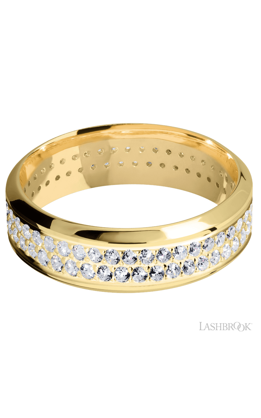 7 mm wide/High Bevel/14K Yellow Gold band with a 2 Row Eternity arrangement of .015 carat Round Diamond stones in a Bead Channel setting.