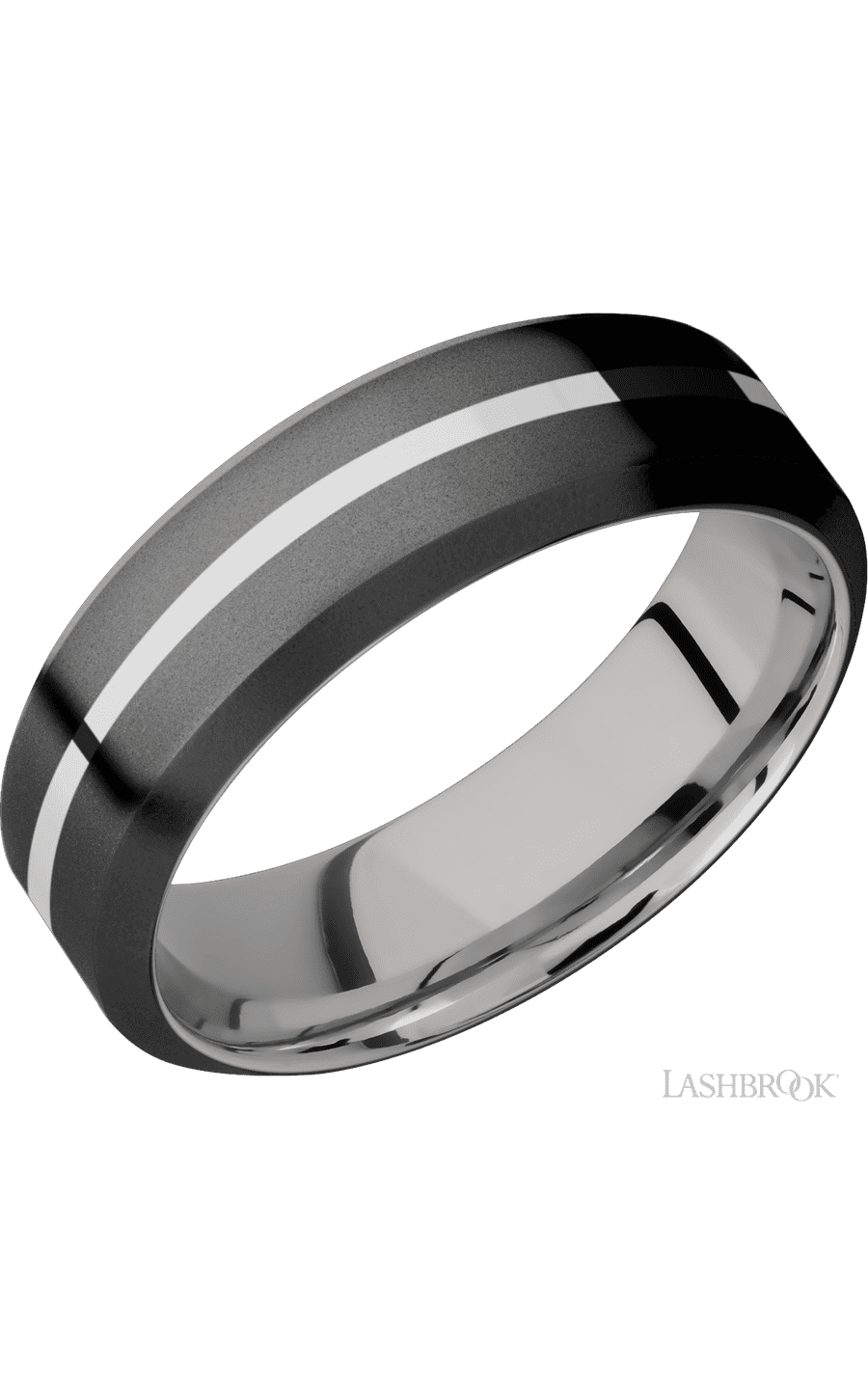 7 mm wide/High Bevel/Zirconium band with one 1 mm Centered inlay of Palladium Silver also featuring a Palladium Silver sleeve.