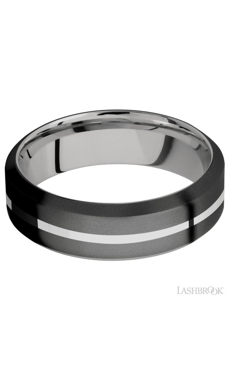 7 mm wide/High Bevel/Zirconium band with one 1 mm Centered inlay of Palladium Silver also featuring a Palladium Silver sleeve.