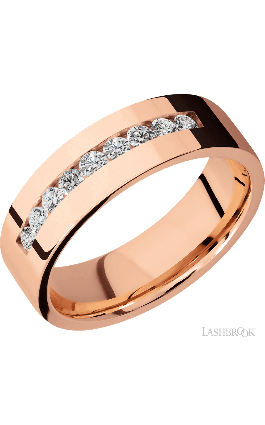 7 mm wide/Flat/14K Rose Gold band with an  arrangement of 9, .05 carat Round Diamond stones in a Channel setting.