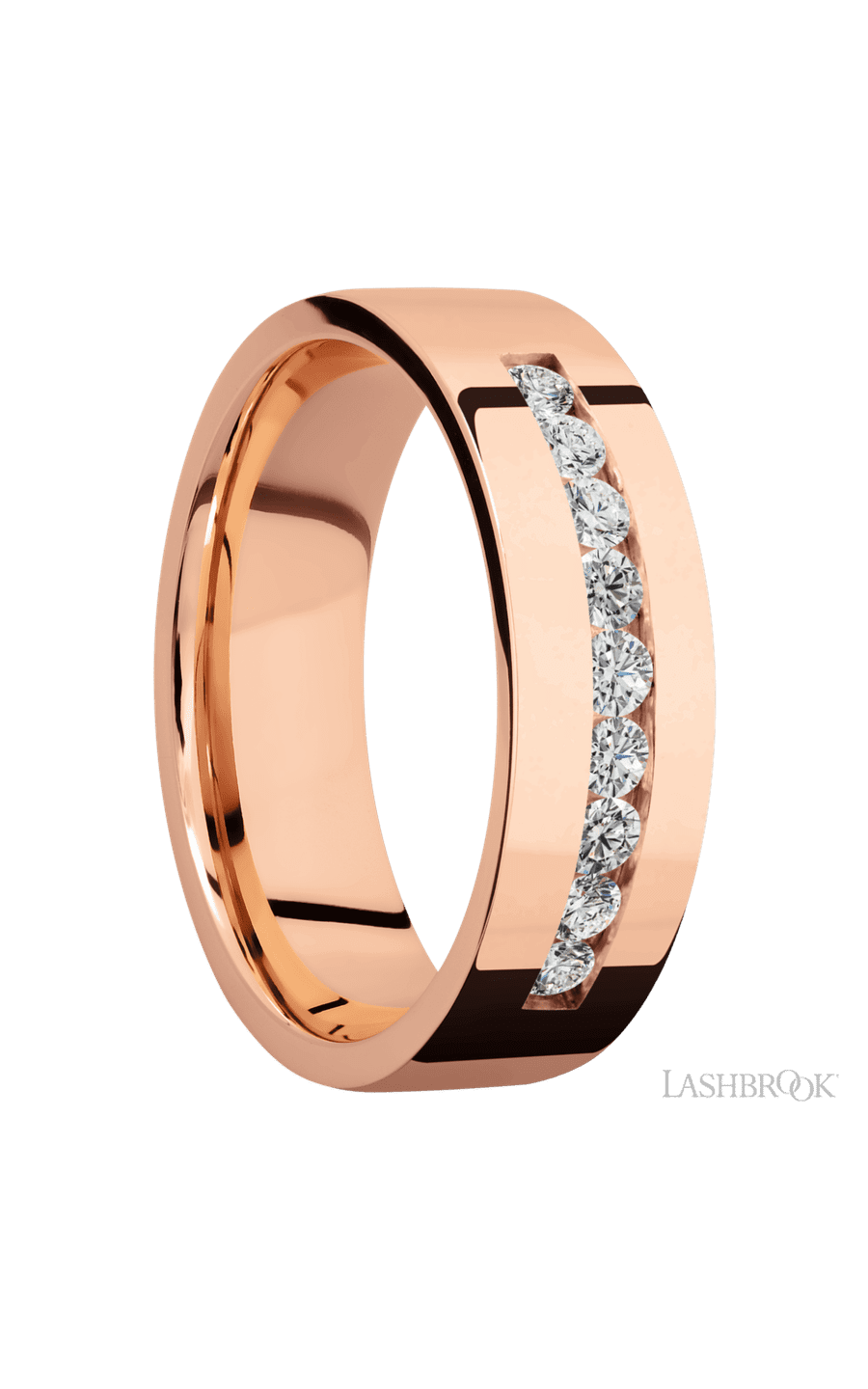 7 mm wide/Flat/14K Rose Gold band with an  arrangement of 9, .05 carat Round Diamond stones in a Channel setting.