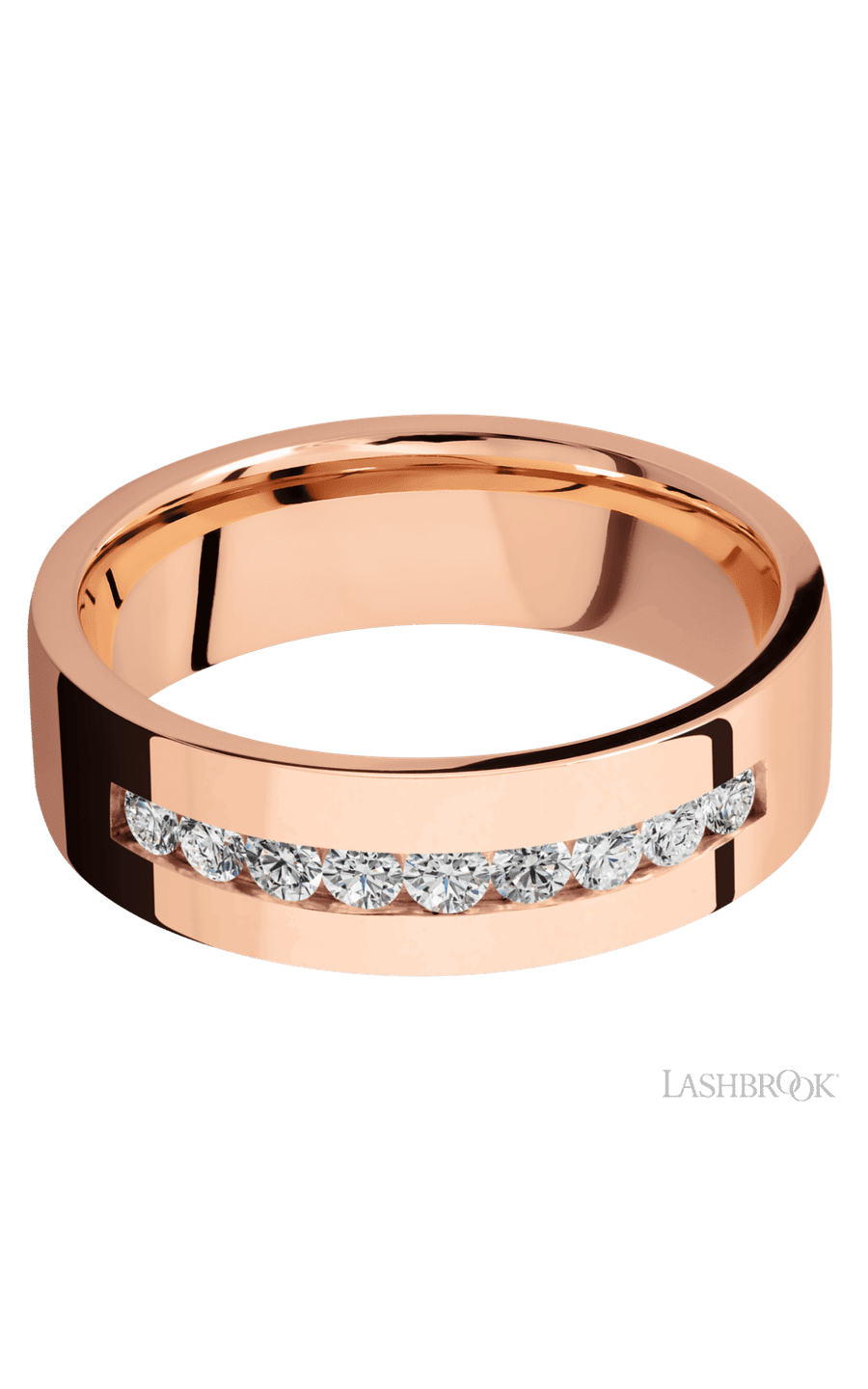 7 mm wide/Flat/14K Rose Gold band with an  arrangement of 9, .05 carat Round Diamond stones in a Channel setting.