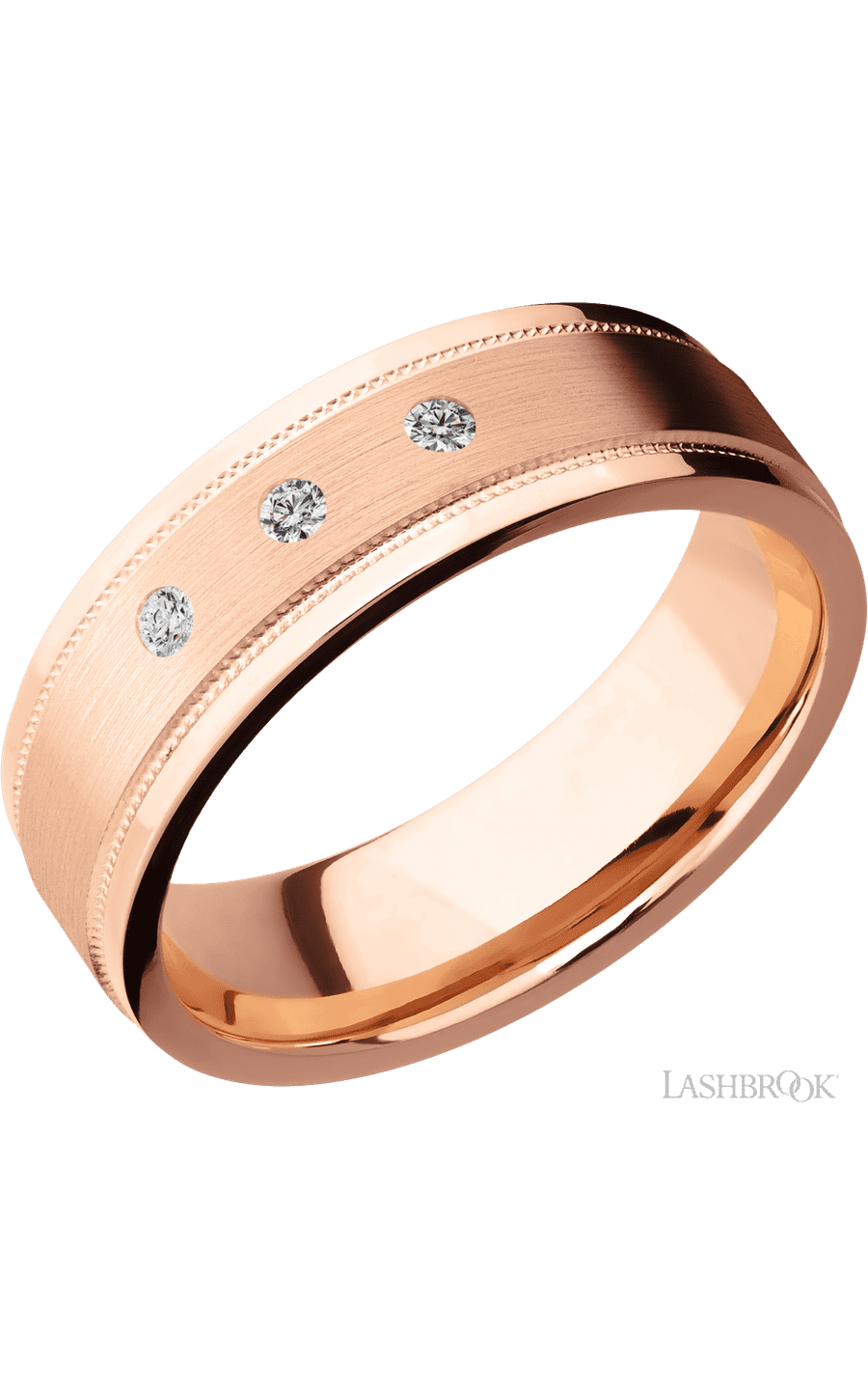 7 mm wide/Flat Stepped Edges Milgrain/14K Rose Gold band with an  arrangement of 3, .03 carat Round Diamond stones in a Flush setting.