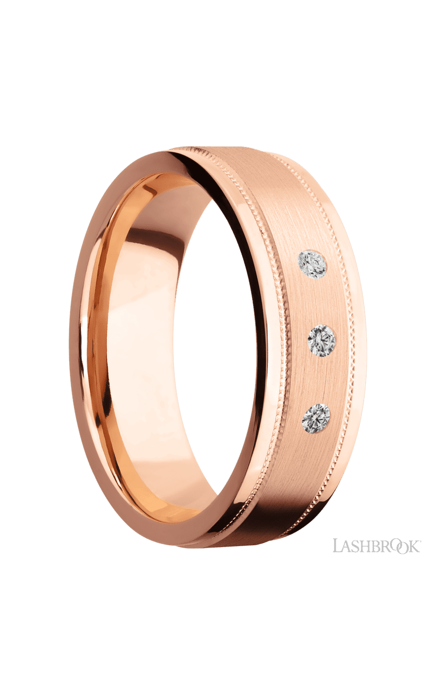 7 mm wide/Flat Stepped Edges Milgrain/14K Rose Gold band with an  arrangement of 3, .03 carat Round Diamond stones in a Flush setting.