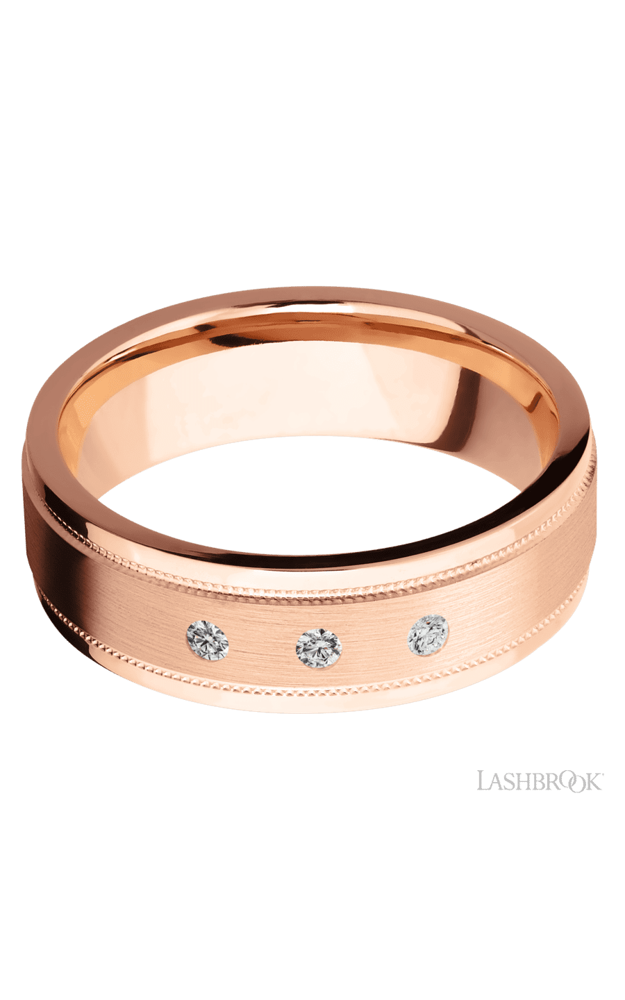 7 mm wide/Flat Stepped Edges Milgrain/14K Rose Gold band with an  arrangement of 3, .03 carat Round Diamond stones in a Flush setting.