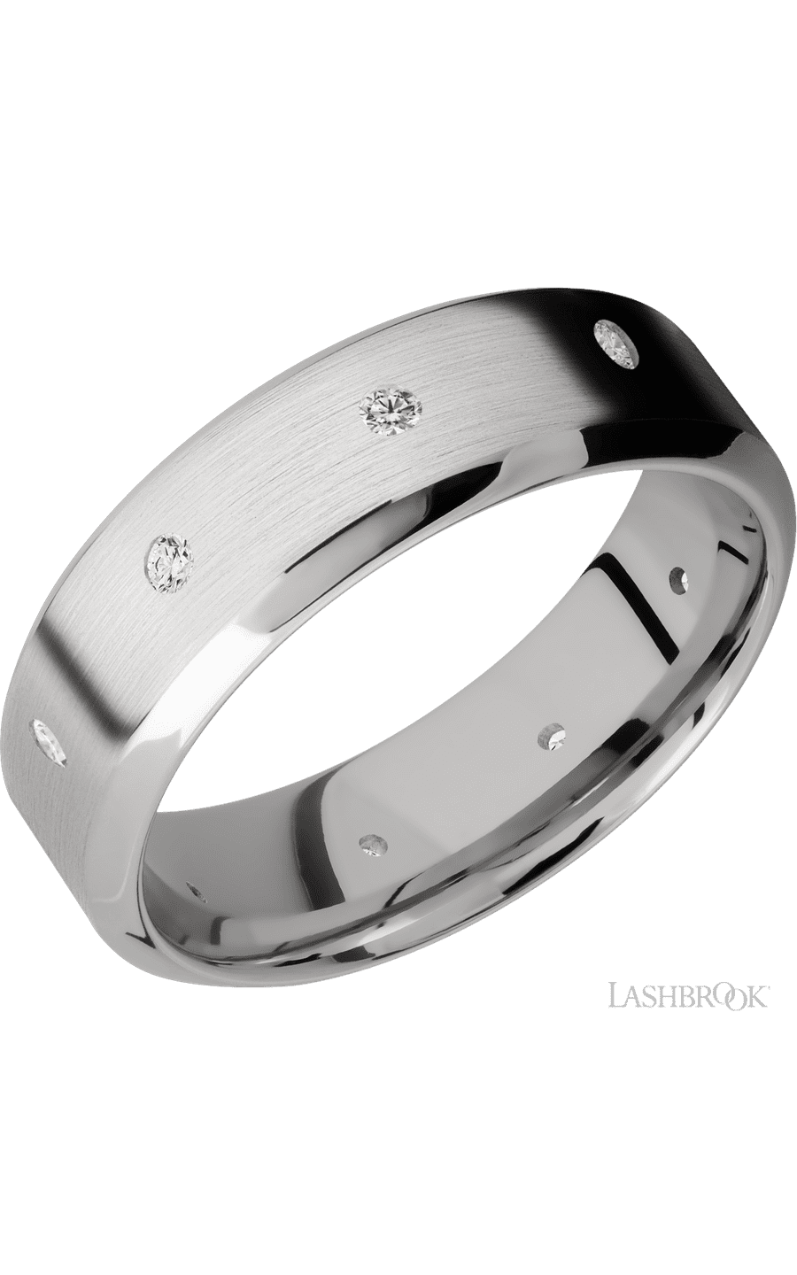 7 mm wide/High Bevel/14K White Gold band with a 9X Even arrangement of .03 carat Round Diamond stones in a Flush setting.