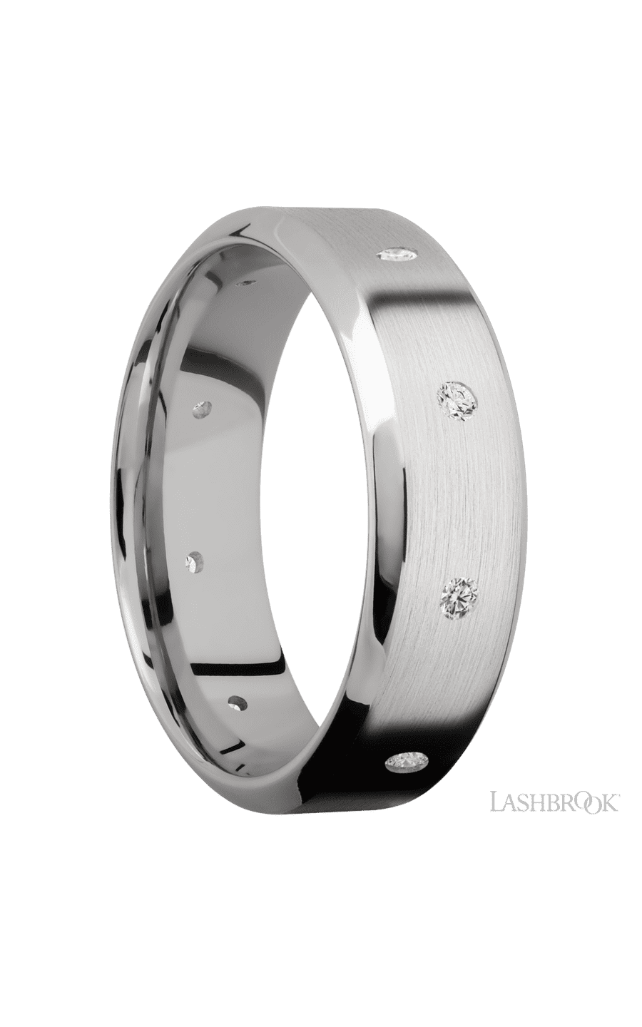 7 mm wide/High Bevel/14K White Gold band with a 9X Even arrangement of .03 carat Round Diamond stones in a Flush setting.