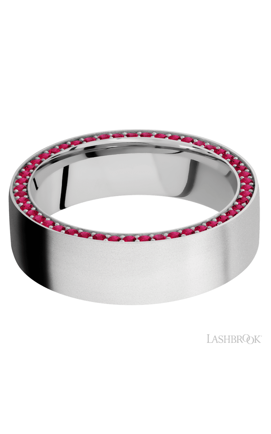 7 mm wide/Flat/14K White Gold band with a Side Eternity arrangement of .01 carat Round Ruby stones in a Bead Channel setting.