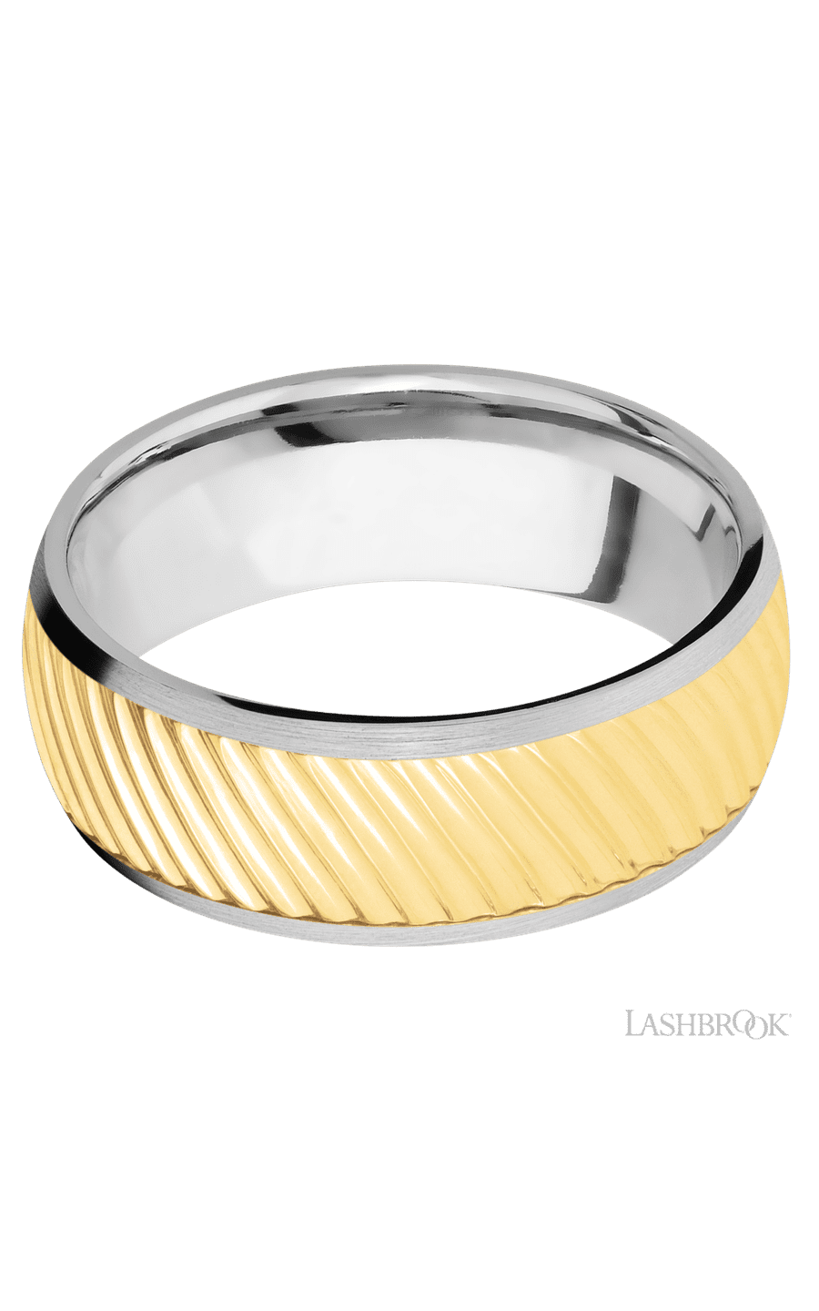8 mm wide/Domed/14K White Gold band with one 6 mm Centered inlay of 14K Yellow Gold with a machined Ripple pattern.