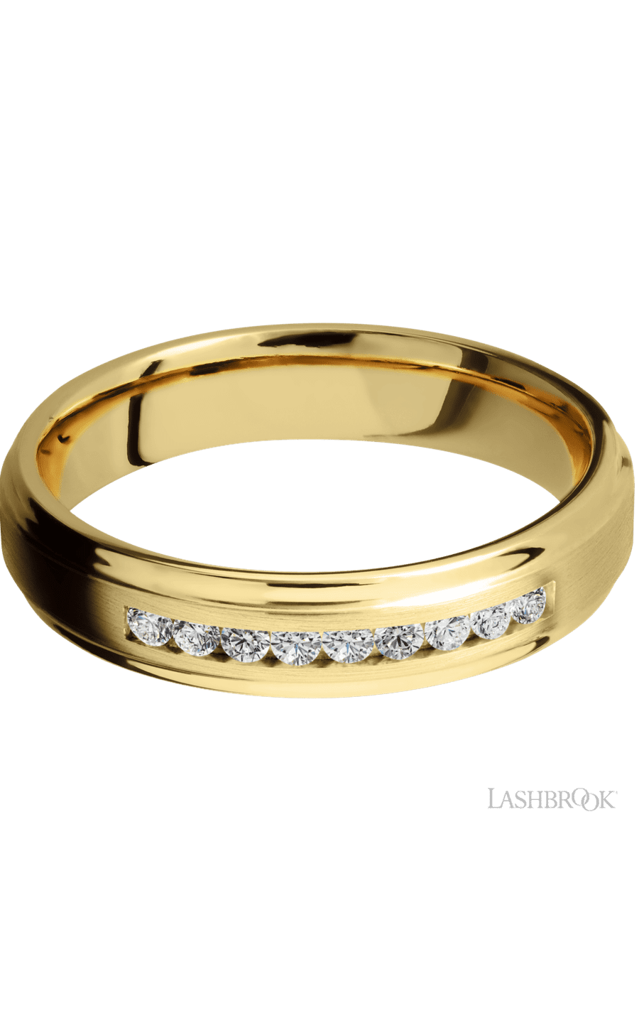 5 mm wide/Flat Grooved Edges/14K Yellow Gold band with an  arrangement of 9, .03 carat Round Diamond stones in a Channel setting.