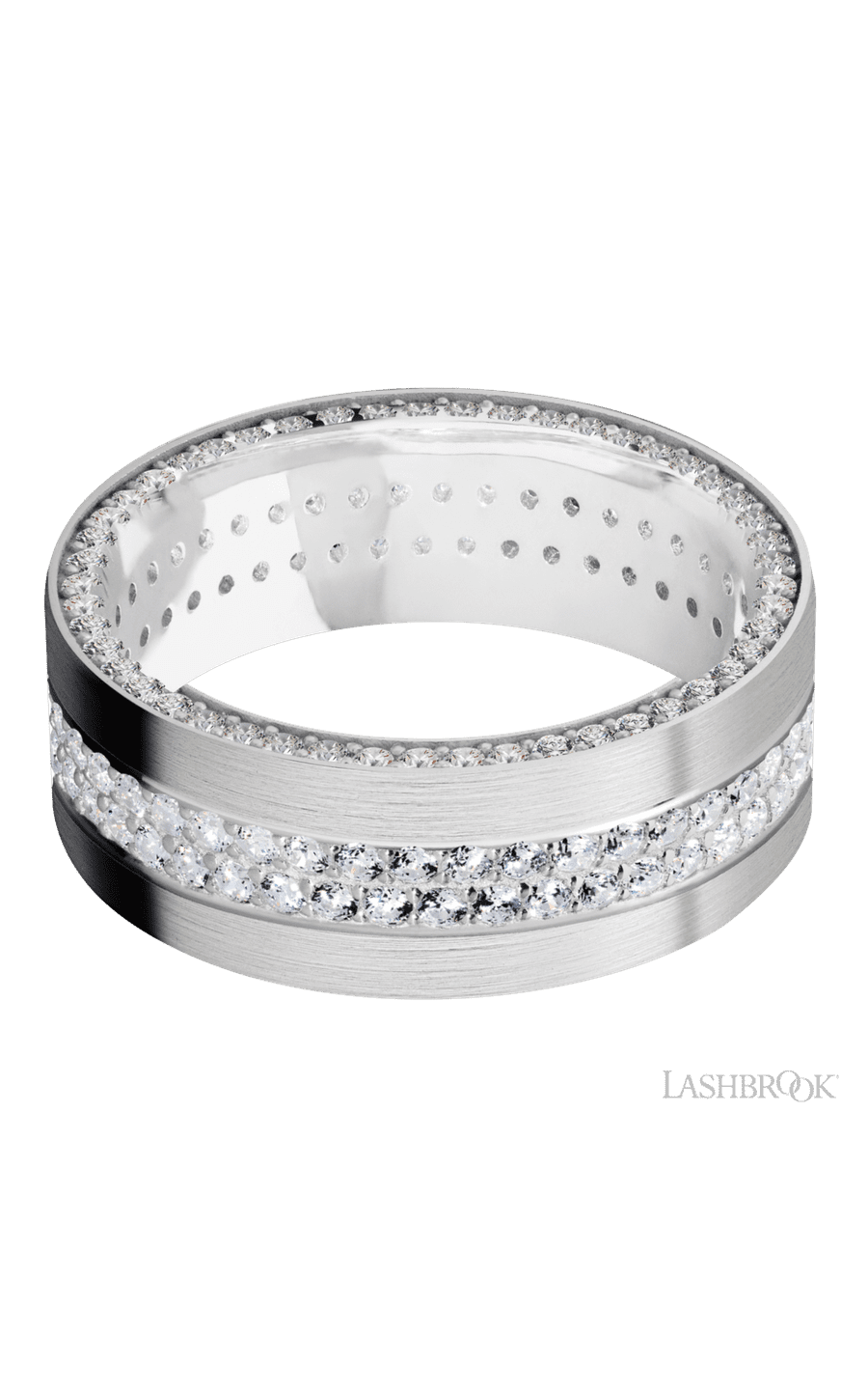 8 mm wide/Flat/14K White Gold band with a Side Eternity arrangement of .01 carat Round Diamond stones in a Bead Channel setting and featuring a a 2 Row Eternity arrangement of .015 carat Round Diamond stones in a Bead Channel setting