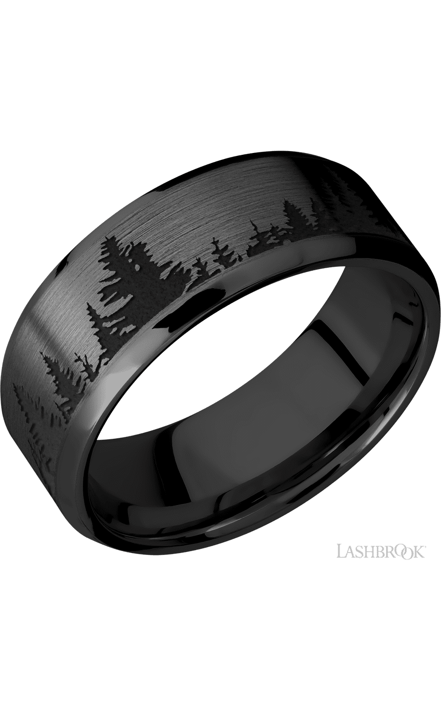 8 mm wide/Beveled/Zirconium band with a laser carved Trees pattern.