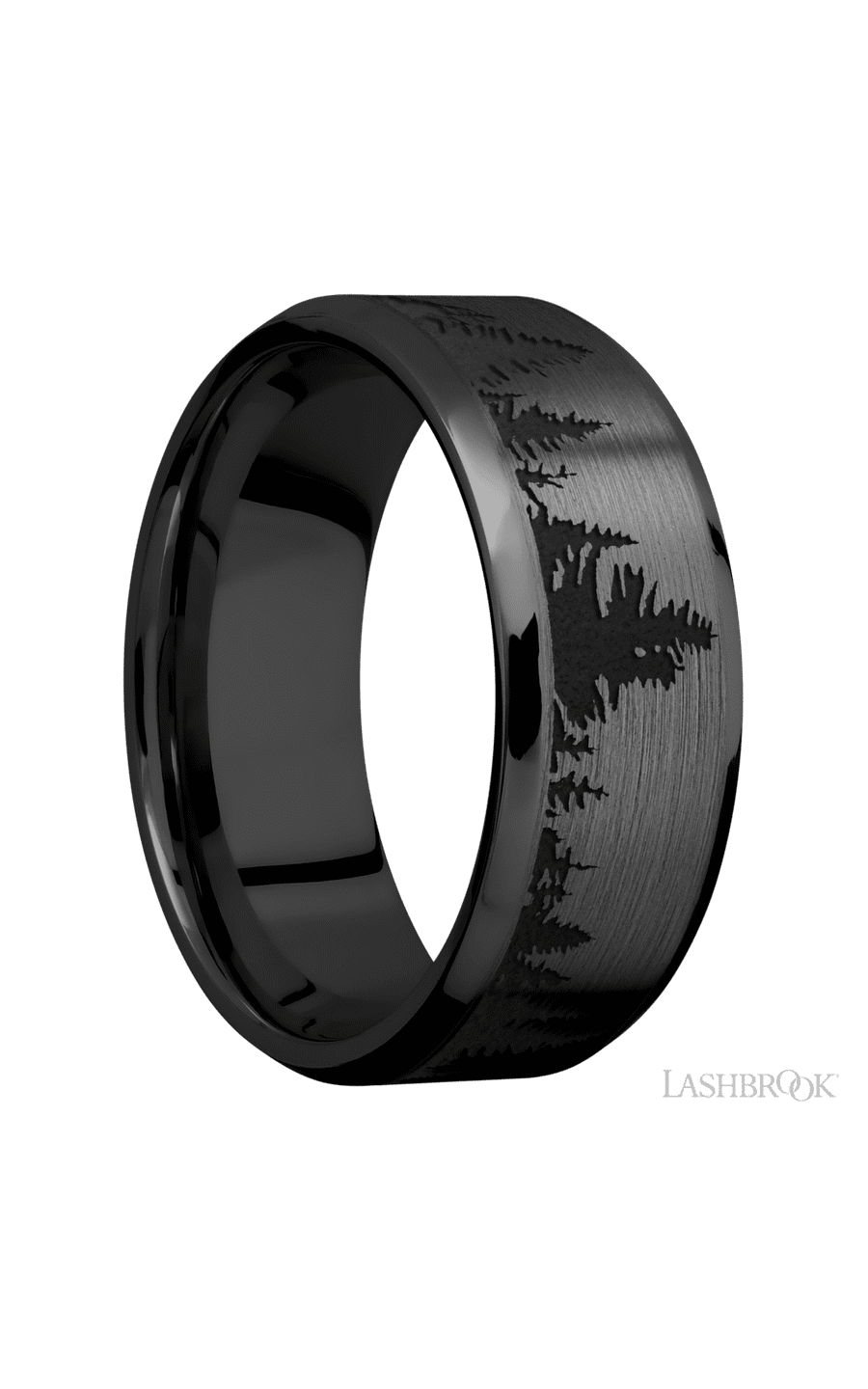 8 mm wide/Beveled/Zirconium band with a laser carved Trees pattern.