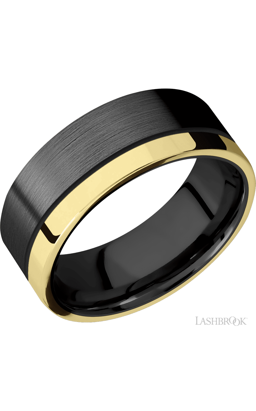 8 mm wide/Flat/Zirconium band with one 2 mm Off Center Edge inlay of 14K Yellow Gold.
