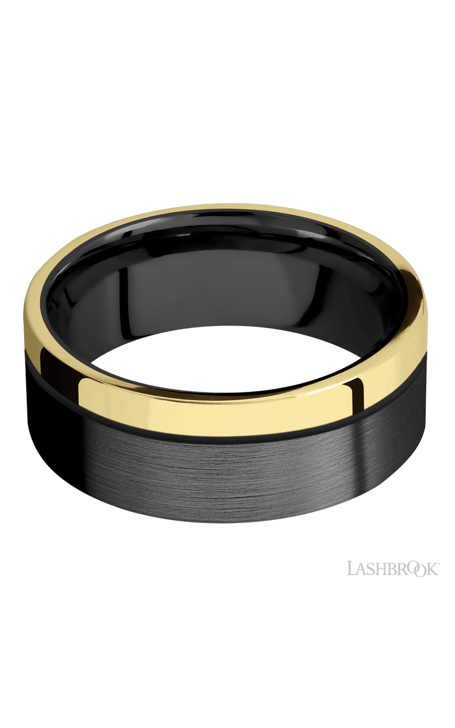 8 mm wide/Flat/Zirconium band with one 2 mm Off Center Edge inlay of 14K Yellow Gold.