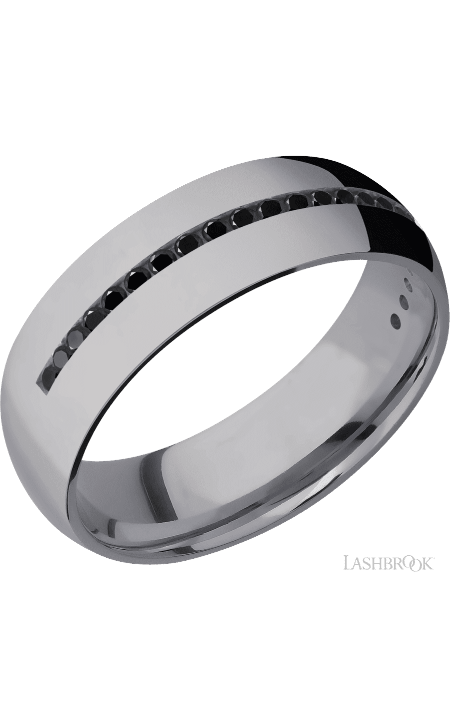 7 mm wide/Domed/Tantalum band with a Half Eternity arrangement of .015 carat Round Black Diamond stones in a Channel setting.