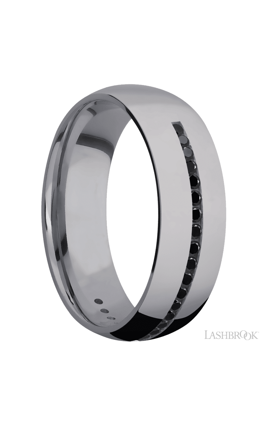7 mm wide/Domed/Tantalum band with a Half Eternity arrangement of .015 carat Round Black Diamond stones in a Channel setting.