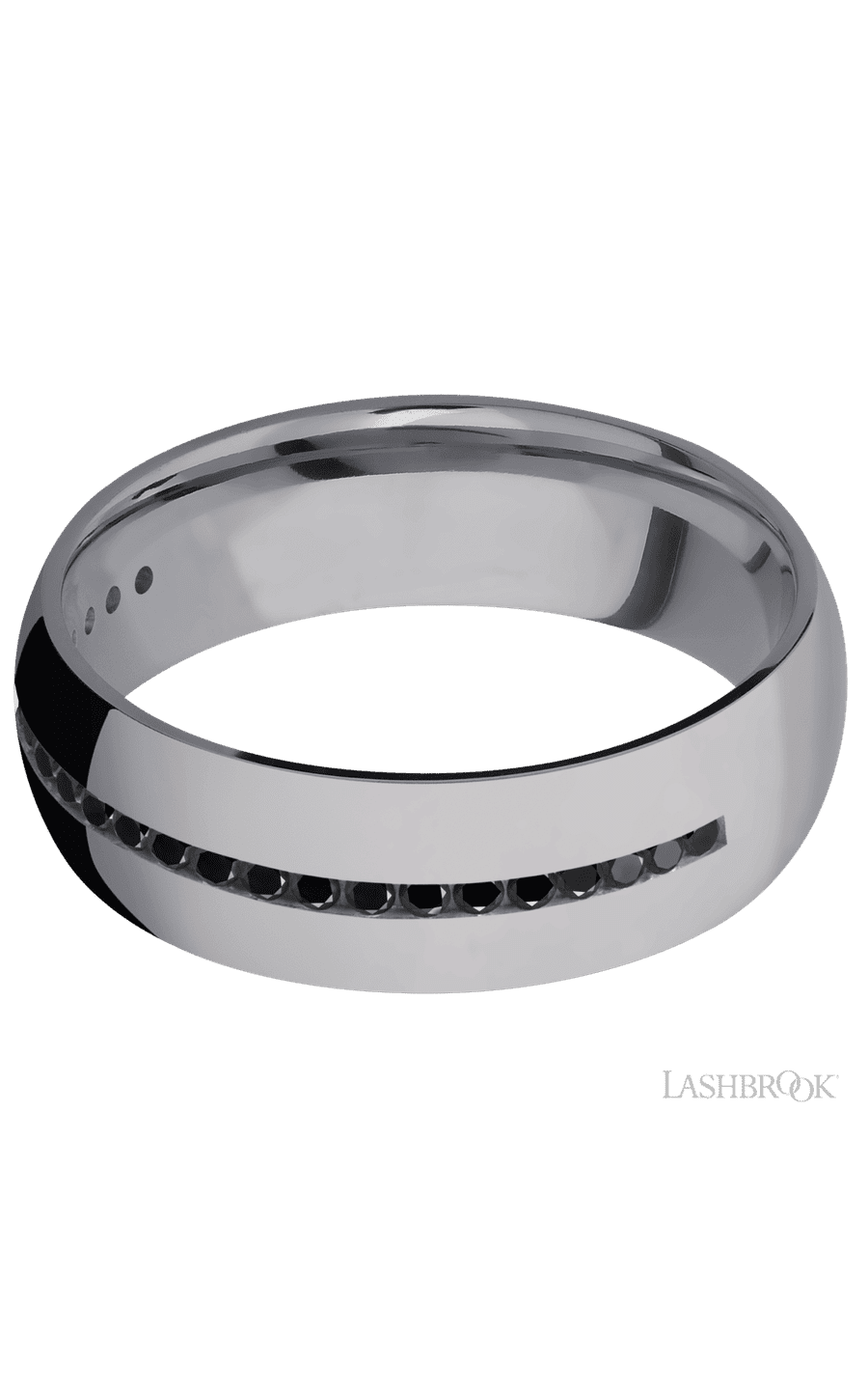 7 mm wide/Domed/Tantalum band with a Half Eternity arrangement of .015 carat Round Black Diamond stones in a Channel setting.