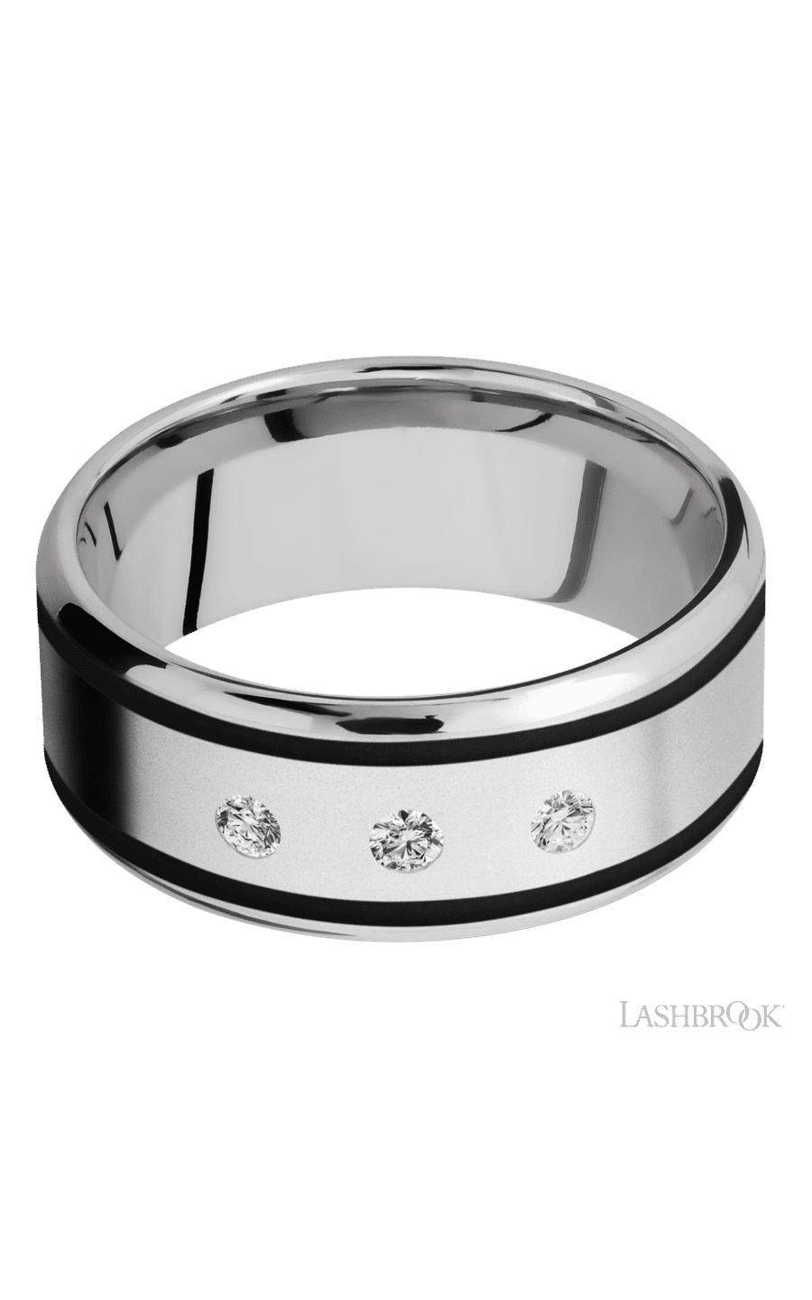 9 mm wide/Beveled/Cobalt Chrome band with  two 1 mm Wide inlays of Black and featuring an  arrangement of 3, .05 carat Round Diamond stones in a Flush setting