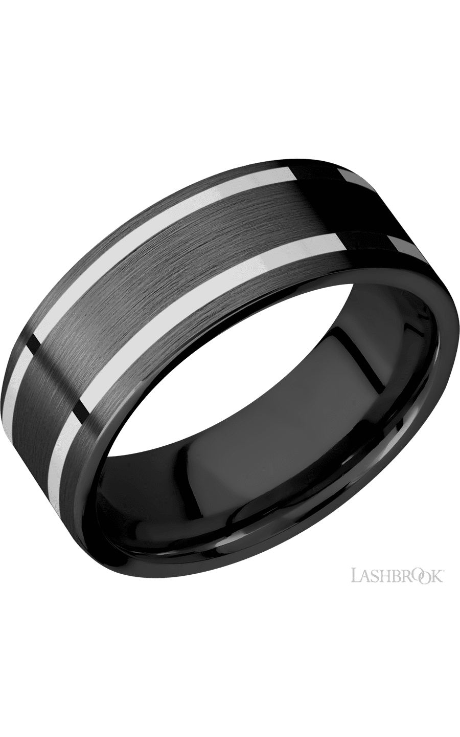 8 mm wide/Flat/Zirconium band with two 1 mm Wide inlays of 14K White Gold.