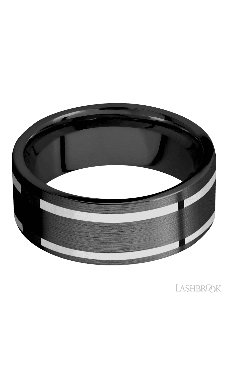 8 mm wide/Flat/Zirconium band with two 1 mm Wide inlays of 14K White Gold.