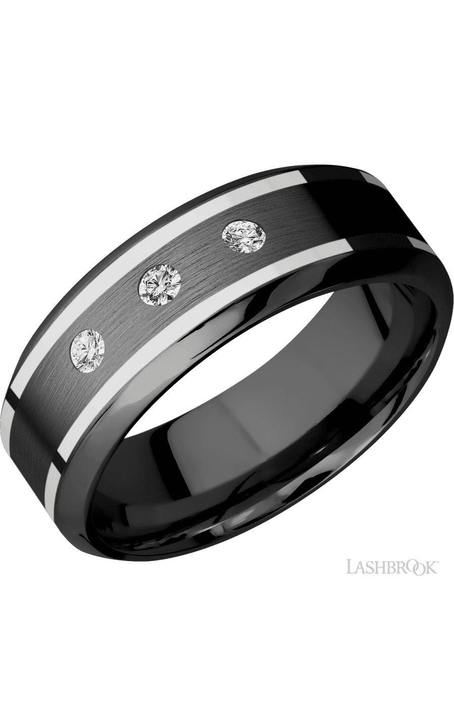 8 mm wide/High Bevel/Zirconium band with  two 1 mm Wide inlays of 14K White Gold and featuring an  arrangement of 3, .05 carat Round Diamond (ST) stones in a Flush setting