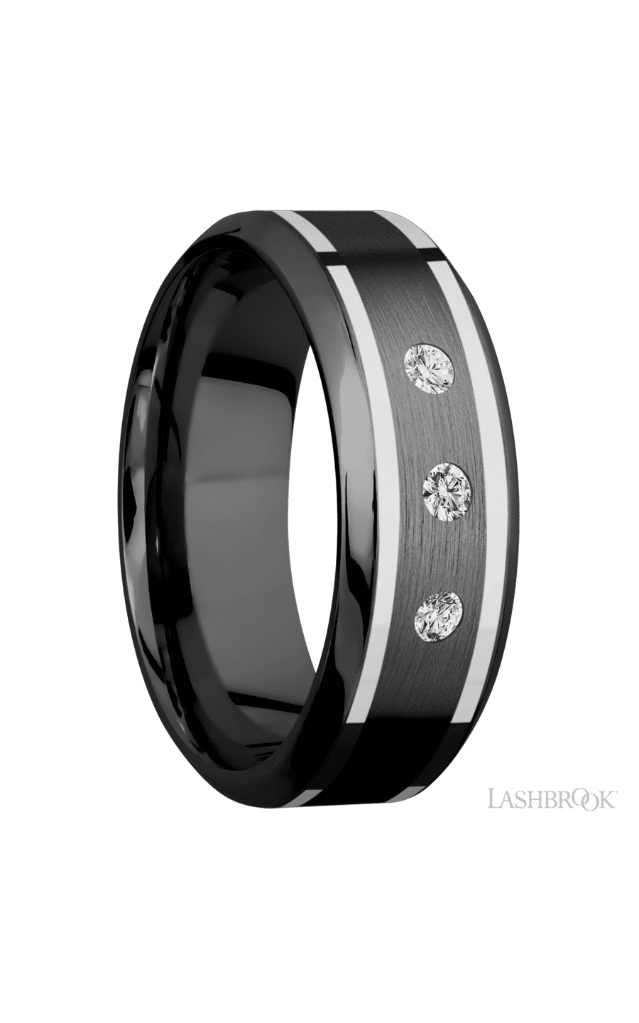 8 mm wide/High Bevel/Zirconium band with  two 1 mm Wide inlays of 14K White Gold and featuring an  arrangement of 3, .05 carat Round Diamond (ST) stones in a Flush setting
