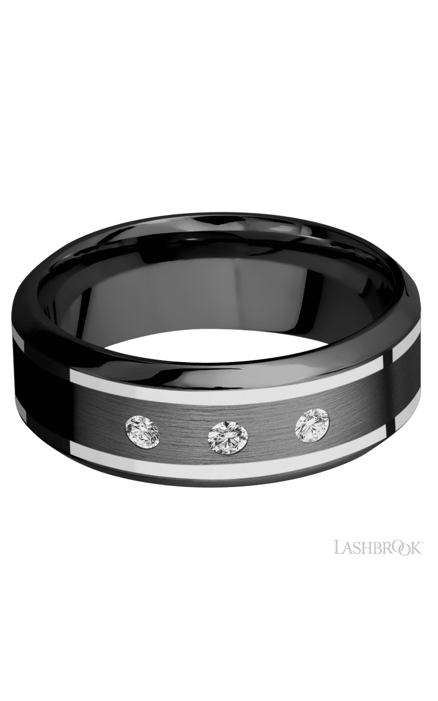 8 mm wide/High Bevel/Zirconium band with  two 1 mm Wide inlays of 14K White Gold and featuring an  arrangement of 3, .05 carat Round Diamond (ST) stones in a Flush setting