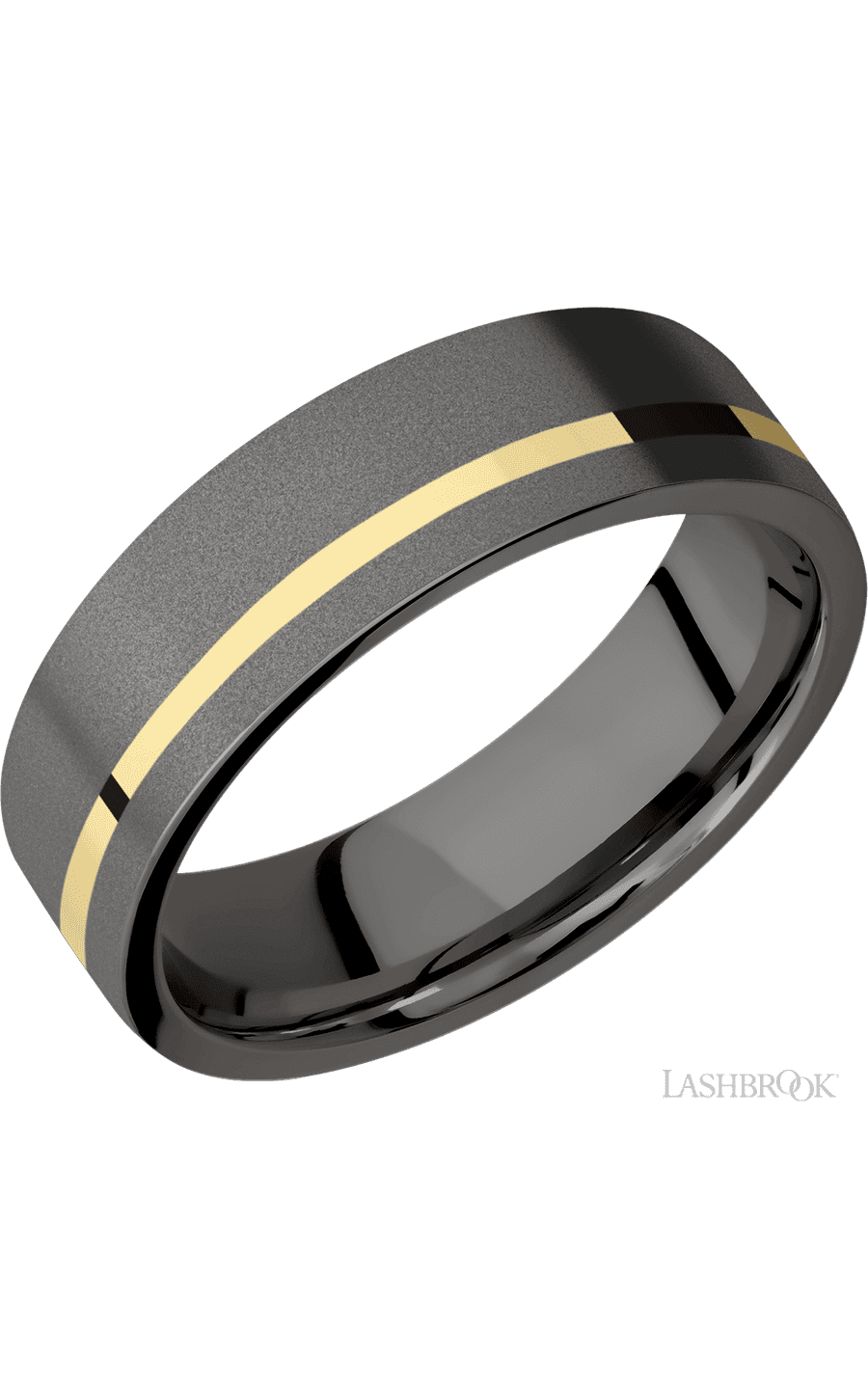 7 mm wide/Flat/Tantalum Noir band with one 1 mm Off Center inlay of 14K Yellow Gold.