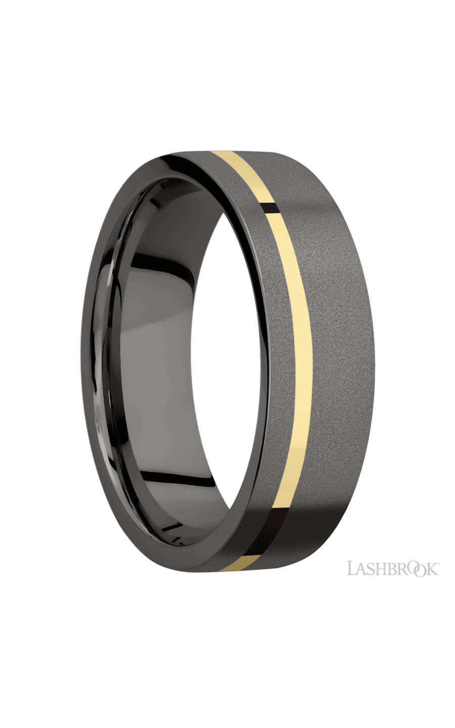 7 mm wide/Flat/Tantalum Noir band with one 1 mm Off Center inlay of 14K Yellow Gold.