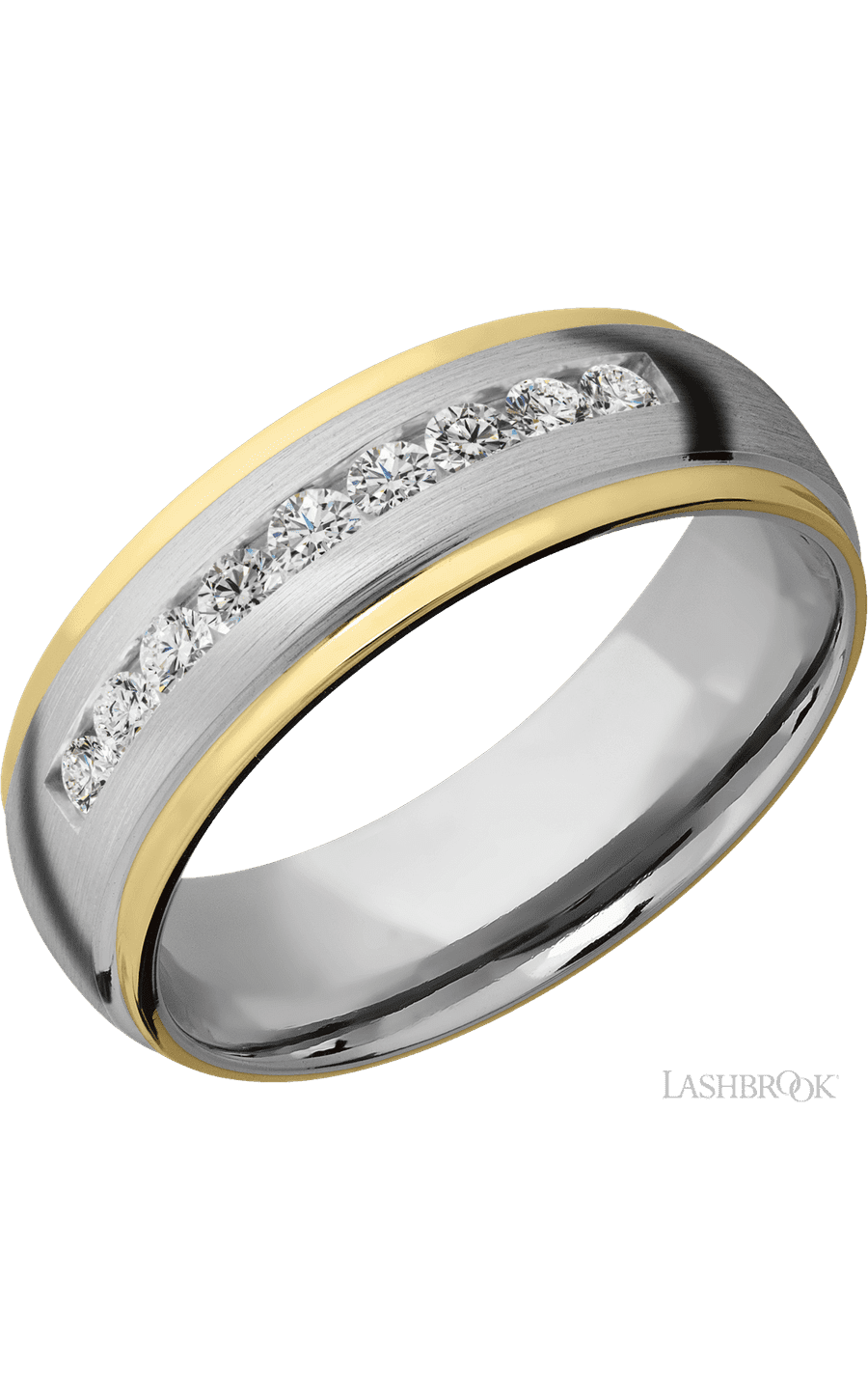 7 mm wide/Domed Stepped Down Edges/Cobalt Chrome band with an  arrangement of 9, .05 carat Round Lab Grown Diamond stones in a Channel setting and featuring two 1 mm Edge inlays of 14K Yellow Gold