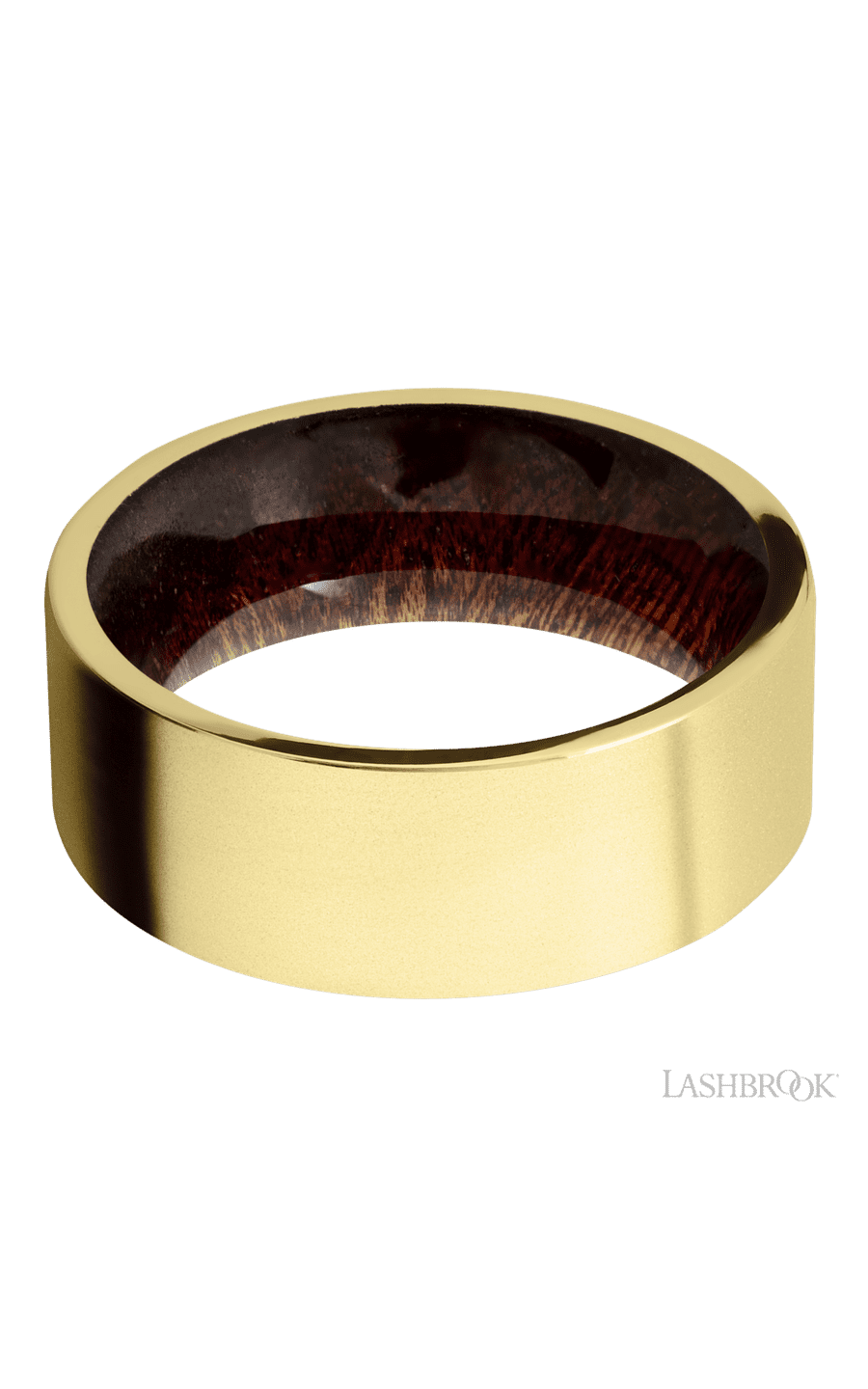 8 mm wide Flat 14K Yellow Gold band featuring a Sapele sleeve.