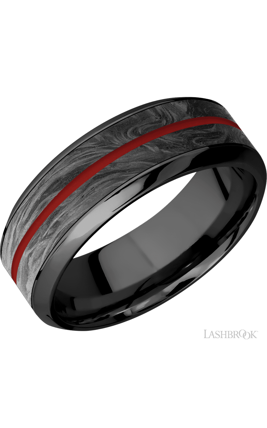 8 mm wide/High Bevel/Zirconium band featuring inlays of Forged Carbon Fiber and USMC Red.