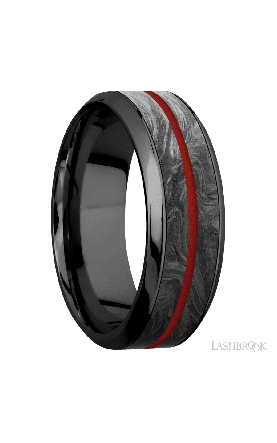 8 mm wide/High Bevel/Zirconium band featuring inlays of Forged Carbon Fiber and USMC Red.