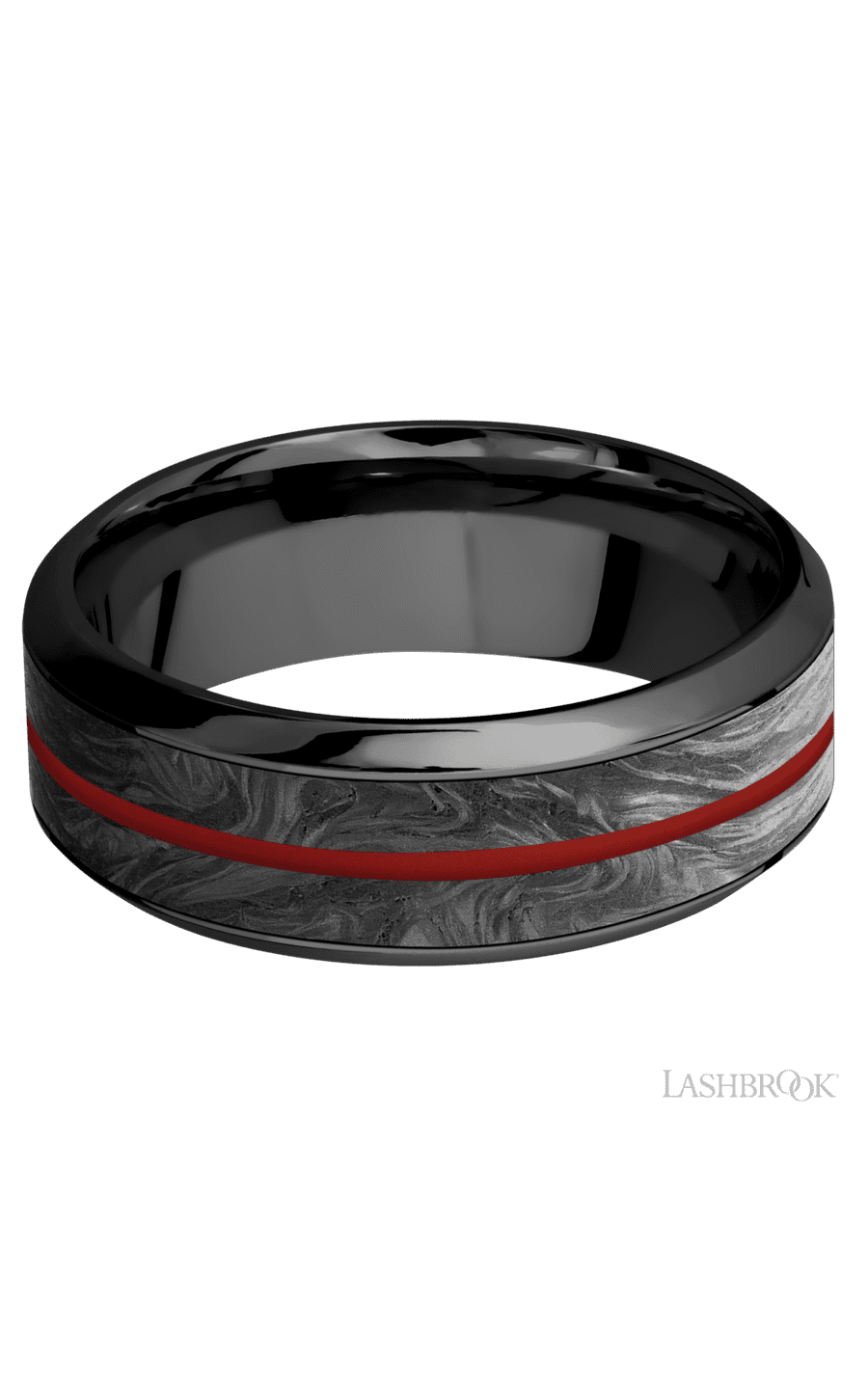 8 mm wide/High Bevel/Zirconium band featuring inlays of Forged Carbon Fiber and USMC Red.