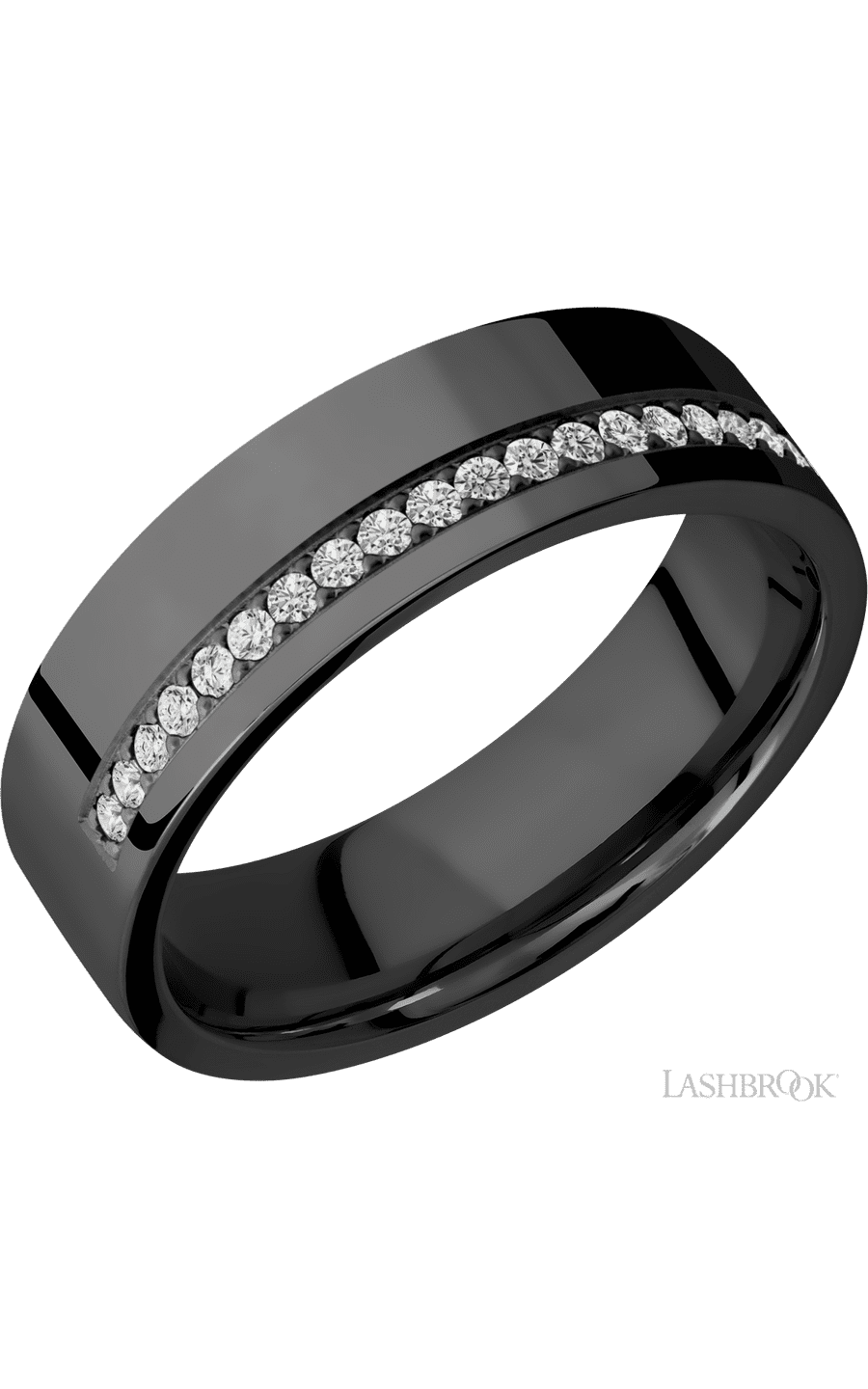 7 mm wide/Flat/Zirconium band with a Off Center Half Eternity arrangement of .015 carat Round Diamond stones in a Bead setting.