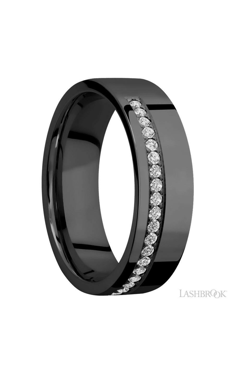 7 mm wide/Flat/Zirconium band with a Off Center Half Eternity arrangement of .015 carat Round Diamond stones in a Bead setting.