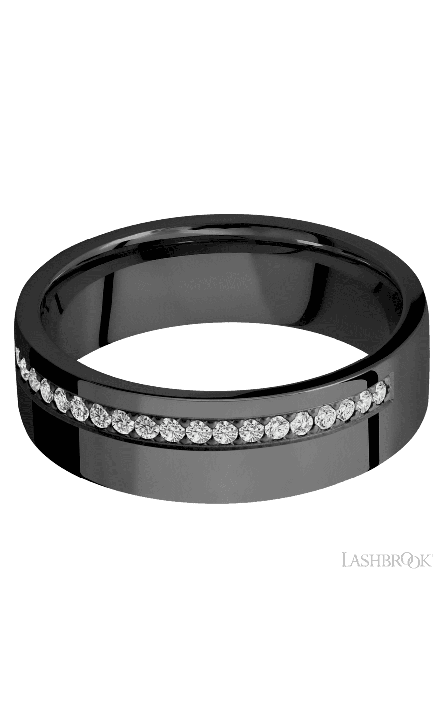 7 mm wide/Flat/Zirconium band with a Off Center Half Eternity arrangement of .015 carat Round Diamond stones in a Bead setting.