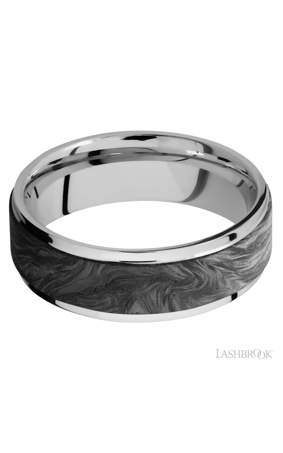 7 mm wide/Flat Grooved Edges/Cobalt Chrome band with one 5 mm Raised Centered inlay of Forged Carbon Fiber.